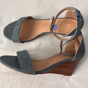 New York & Company Women’s Blue Brown Wedges with Ankle Strap 8 1/2 Brand New